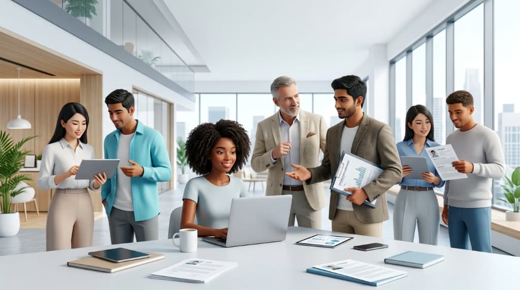 Professionals connecting in modern workspace